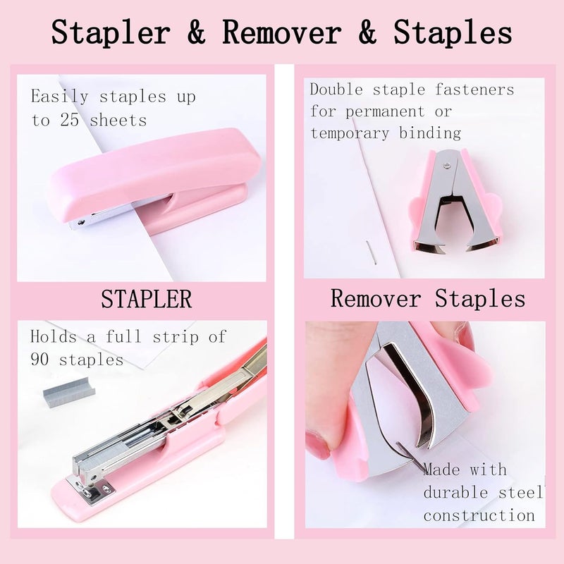 Scindaly Pink Office Desk Accessories Supplies, 12pcs Desk Organizers and Accessories with Tape dispenser and Stapler,Staples,Staple Remover,Pen Holder,Scissor,Ruler,Sticky Tabs,Tape,Ballpoint Pen,Clips Set - Image 3